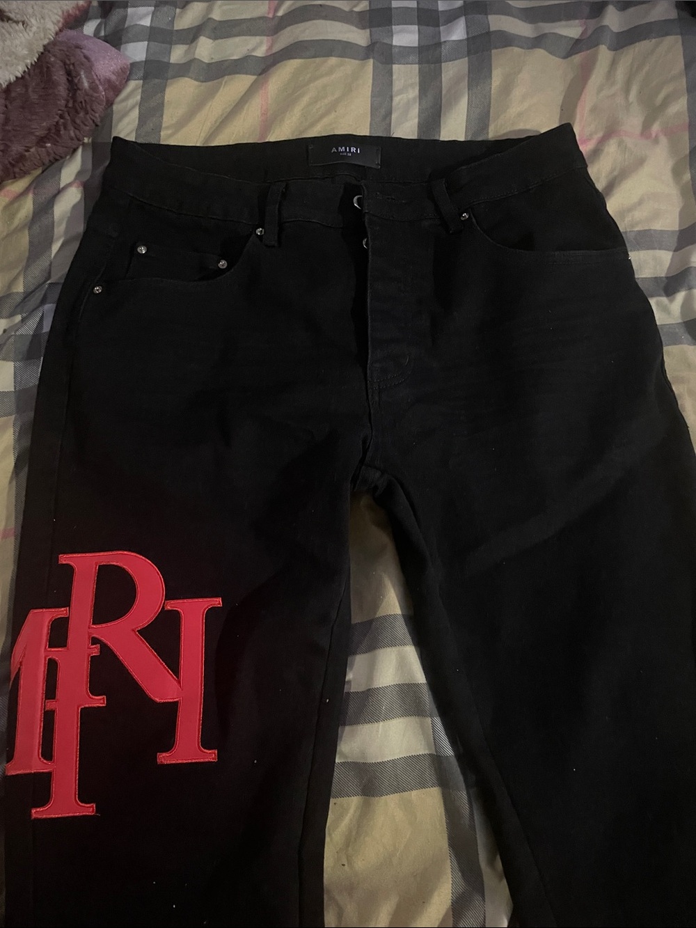 AMIRI Black Jeans with Red Logo Embroidery
